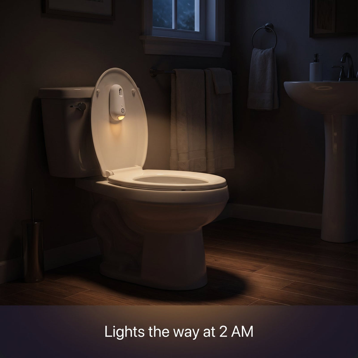 Luvessa UV Night Guard glowing softly under the toilet lid in a dark bathroom