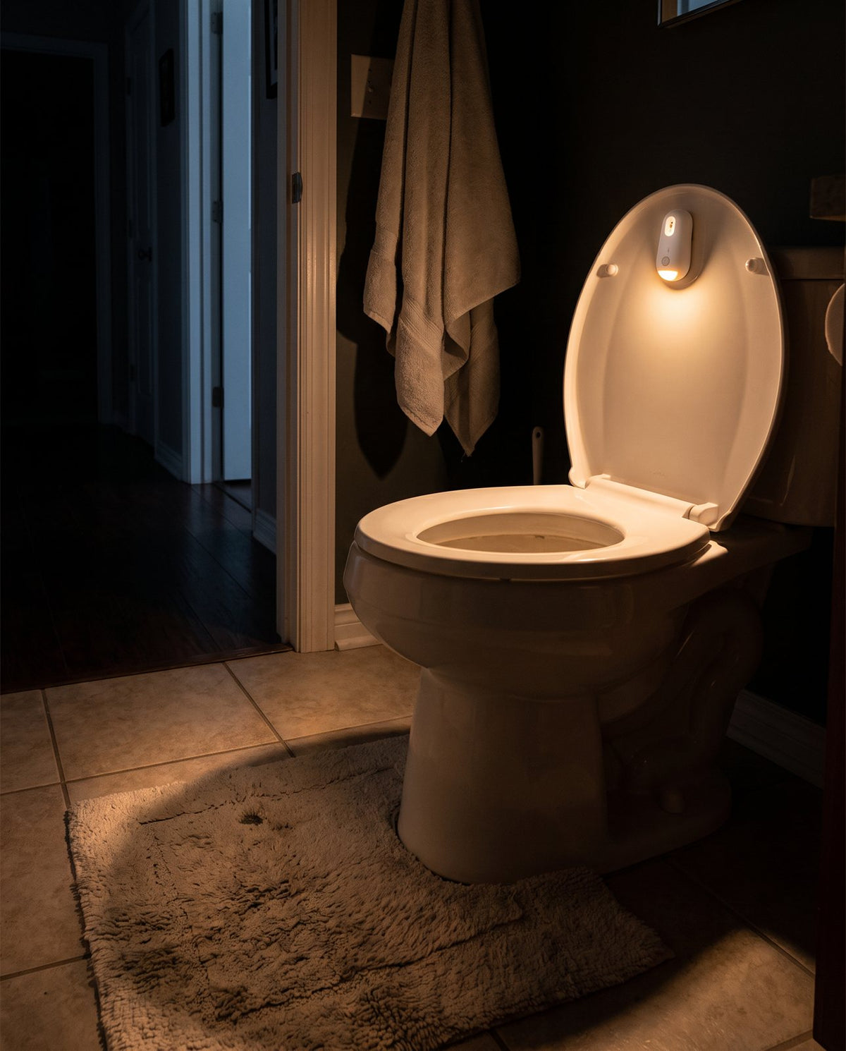 Dark bathroom lit by the Luvessa night light under the lid